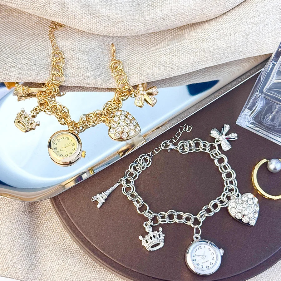 Jam Tangan Wanita Quartz Cinta Kunci Perhiasan Pribadi Peach Hati Emas Dan Perak Gelang Jam Tangan D