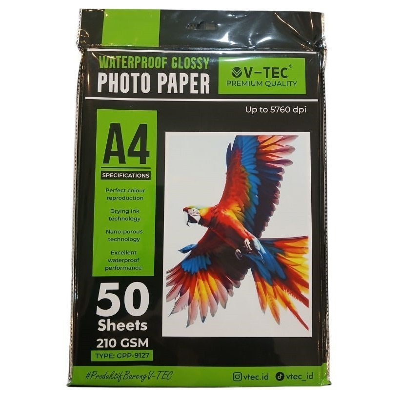 

V-TEC GLOSSY PHOTO PAPER A4 210GSM (GPP - 9127) ISI 50LBR