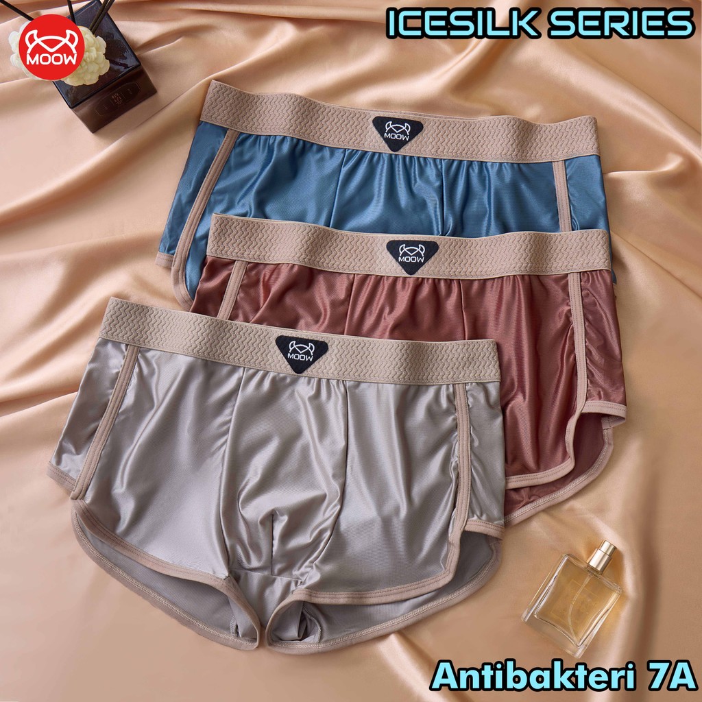 Larunshow X MOOW Paket 3PCS Celana Dalam Boxer Pria Shiny Premium Icesilk Lembut Antibakteri 7A MP62