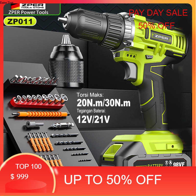【100% ORI】ZPER 12V/21V Bor Listrik Mesin Bor Baterai Tangan Cordless Drill Battery Bor Baterai Lithi