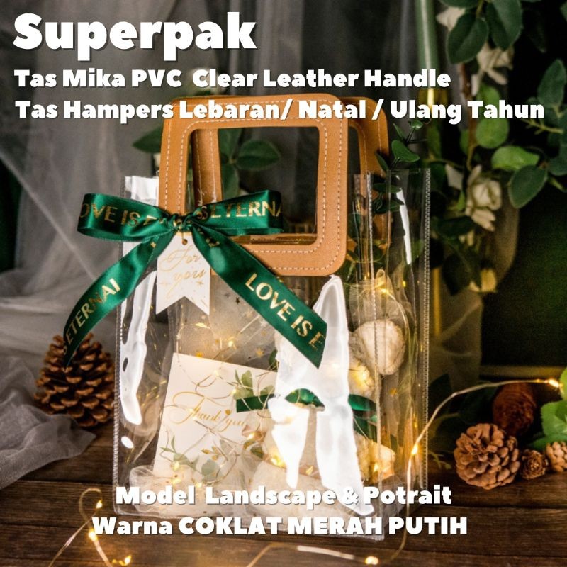 

(10pcs) Superpak Tas Mika PVC Bening Transparan Gagang Kulit Tas Souvenir Lebaran Natal Premium