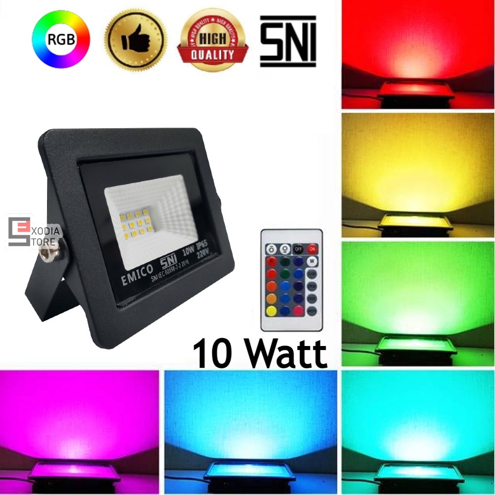 Lampu Sorot Emico SMD LED 10 watt SNI IP65 Lampu Tembak Floodlight Lampu Hias RGB dengan Remote