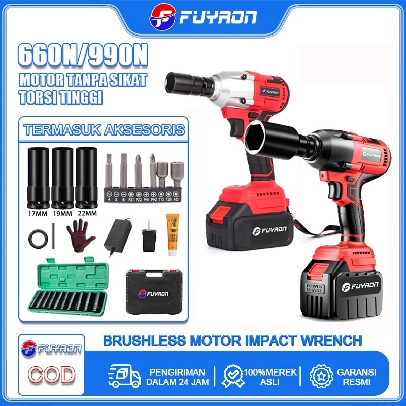 IMPACT WRENCH TORSI BESAR FUYAON【COD】Kunci Impact Tanpa Kabel 660N/990NM Bor Elektrik Impact Bor Lis