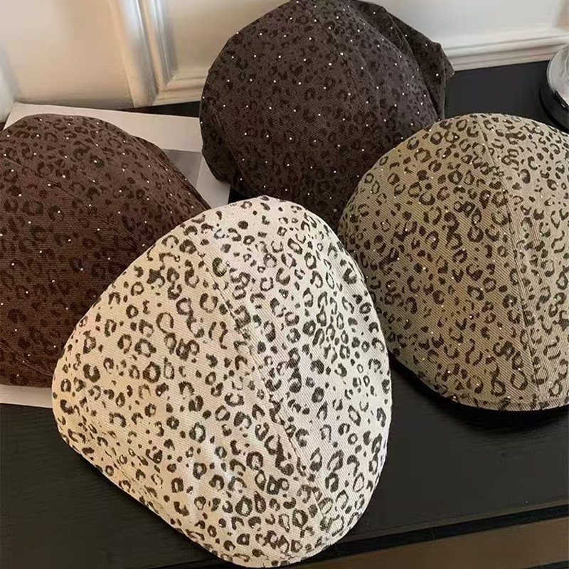 OMSW Gaya Amerika  Retro  Motif Macan Tutul  Baret  Wanita  Topi Newsboy  Serbaguna  Dipersonalisasi