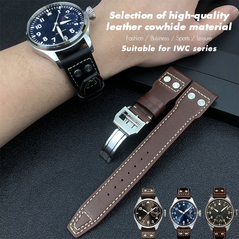 21mm 22mm High Quality Genuine Leather Rivets Wat-band Fit For IWC Big Pilot Spitfire TOP GUN Brown 