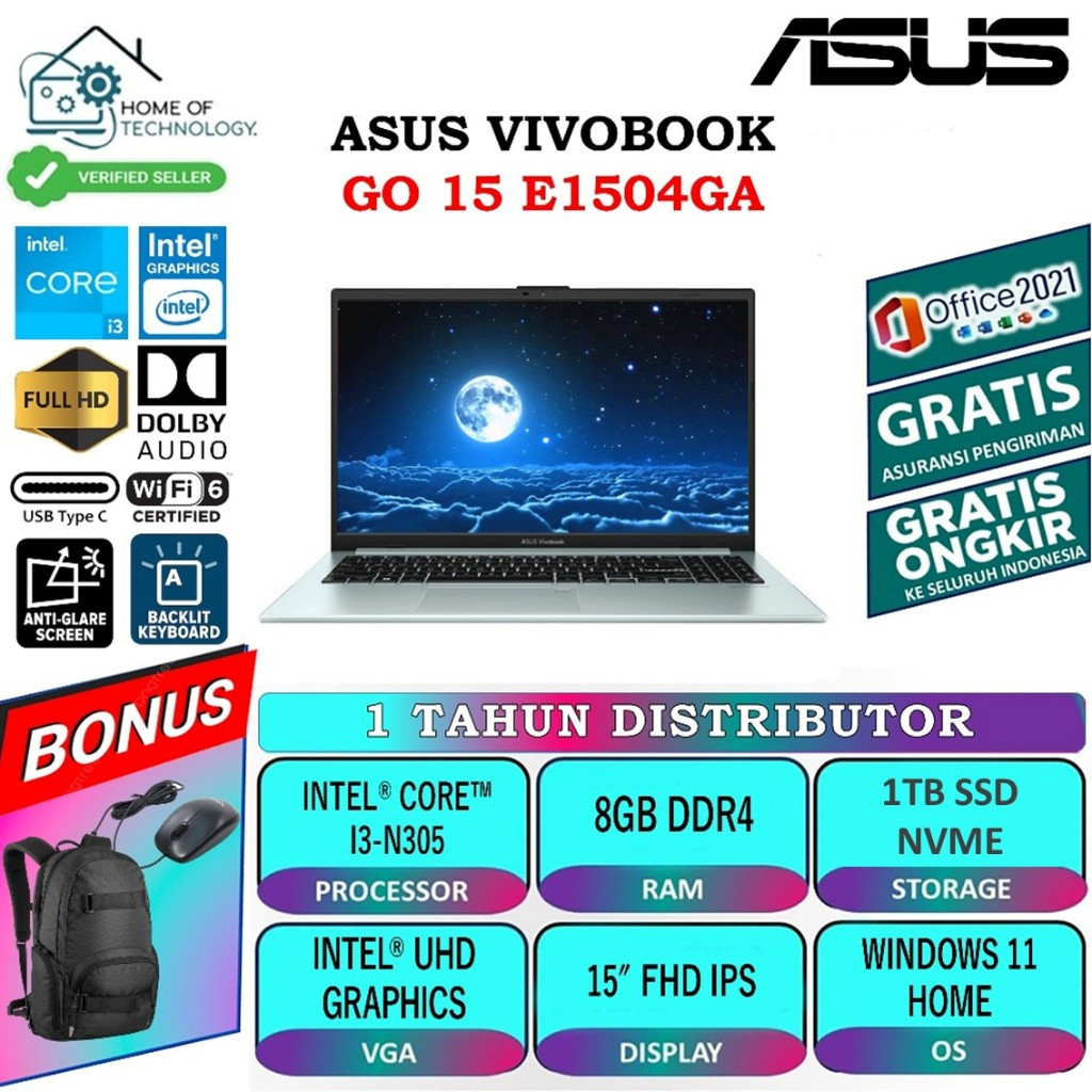 Laptop Baru Asus Vivobook Go 15 E1504GA Intel Core I3 N305 Ram 8GB Black silver Win 11 Original New