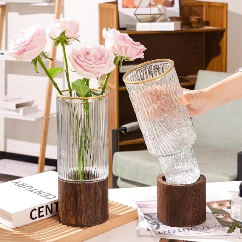 Light Luxury Wooden Base Glass Vase Thick Large Capacity Transparent Hydroponic Vase Striped Cylinde