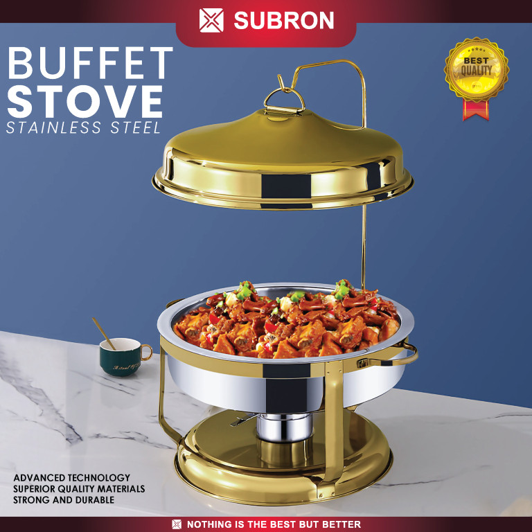 KYS SUBRON CHAFING DISH BULAT PEMANAS MAKANAN WADAH SAJI PRASMANAN GOLD TUTUP GANTUNG