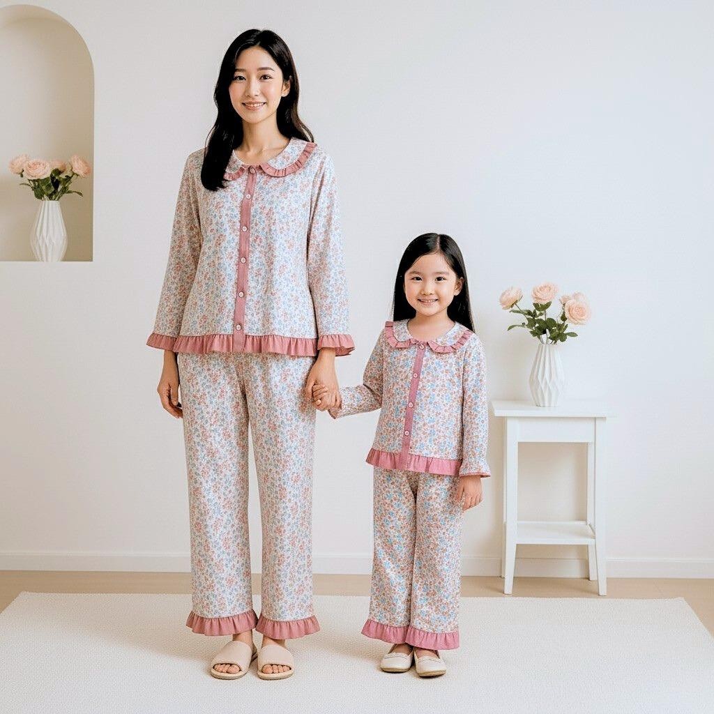 Najwa - 12.12 Oneset Couple Ranayma Ibu dan Anak Model Lengan Panjang Celana Panjang Motif Flower / 