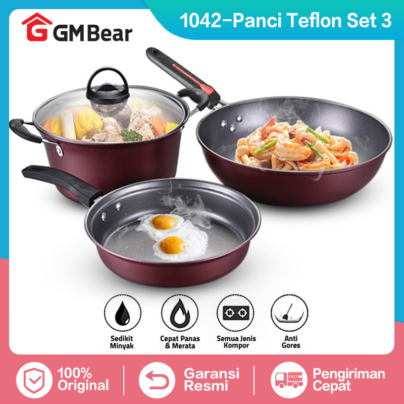GM Bear Panci Wajan Set isi 3pcs 1042 - Arria Set Panci Penggorengan Panci Set