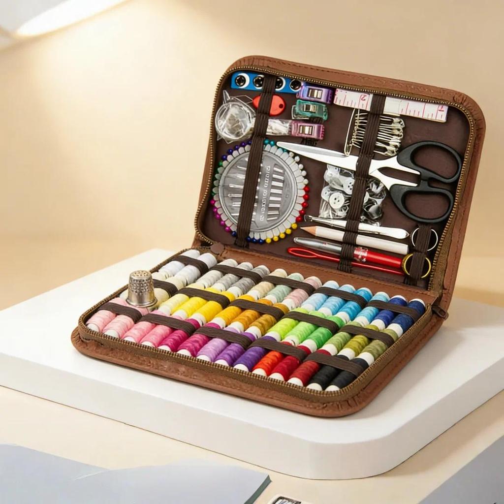 170 piece brown rectangular sewing kit, printed pattern home sewing set, portable travel sewing set,