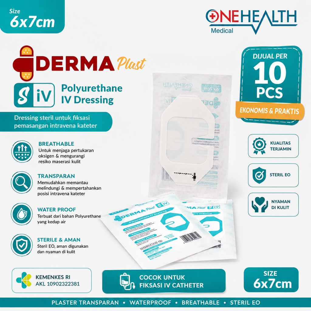Derma Plast S IV Dressing 6x7cm OneHealth Polyurethane IV Dressing Transparan Waterproof Steril Isi 