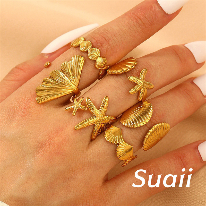 [Suaii] Set cincin logam motif bintang laut kerang kipas matahari bunga bentuk tidak beraturan wanit