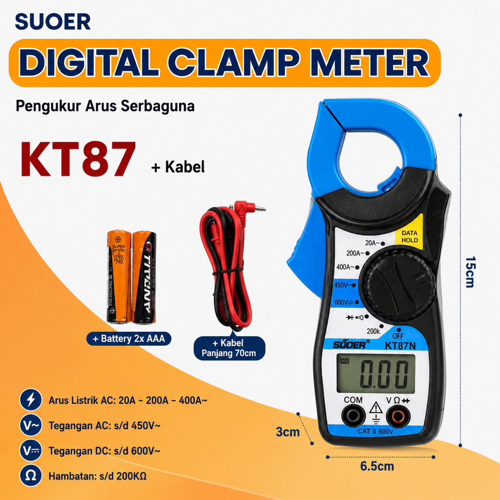Tang Ampere Meter Digital Suoer KT87 – Digital Clamp Meter Multitester - Tang Ampere Listrik AC