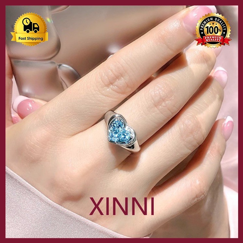 XINNI Cincin Batu Permata Bentuk Hati 2 Karat Berlian Biru Aquamarine Berlian Buatan Niche Nuansa Me