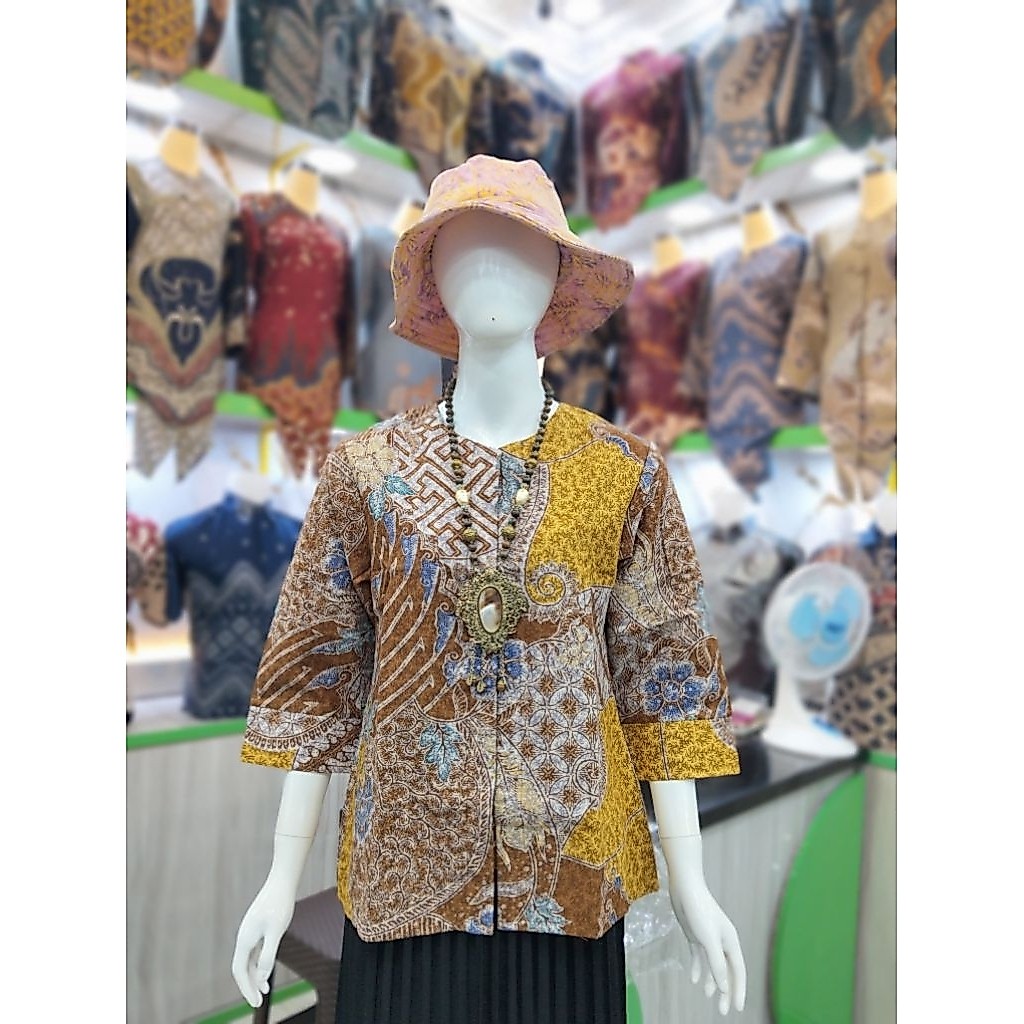 Blouse Batik Atasan Wanita Qistina Batik Bahan Katun Motif Kuning Kipas model kancing depan sudah la