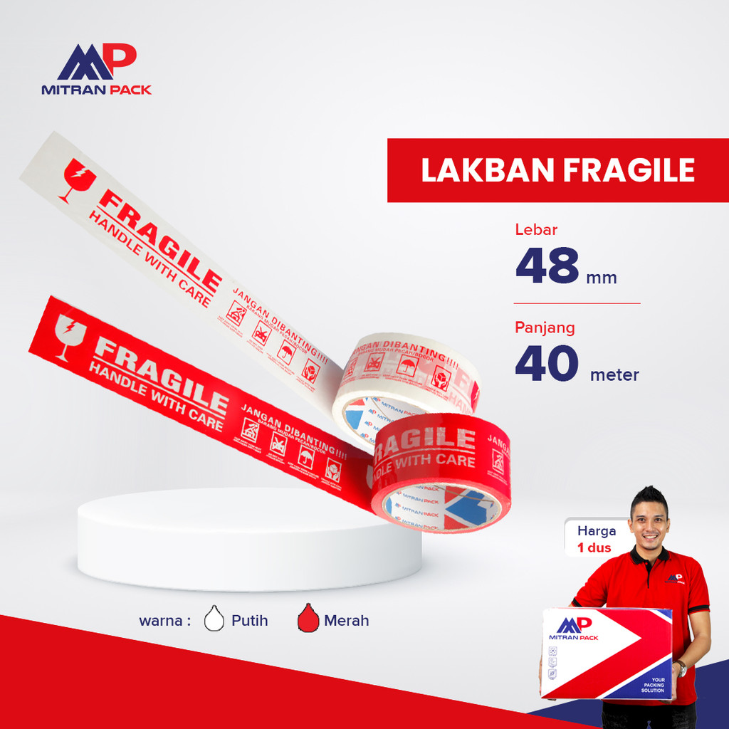 

(dus) Lakban Fragile Merah Putih Mitran Pack / Lakban Warning Barang Pecah Belah