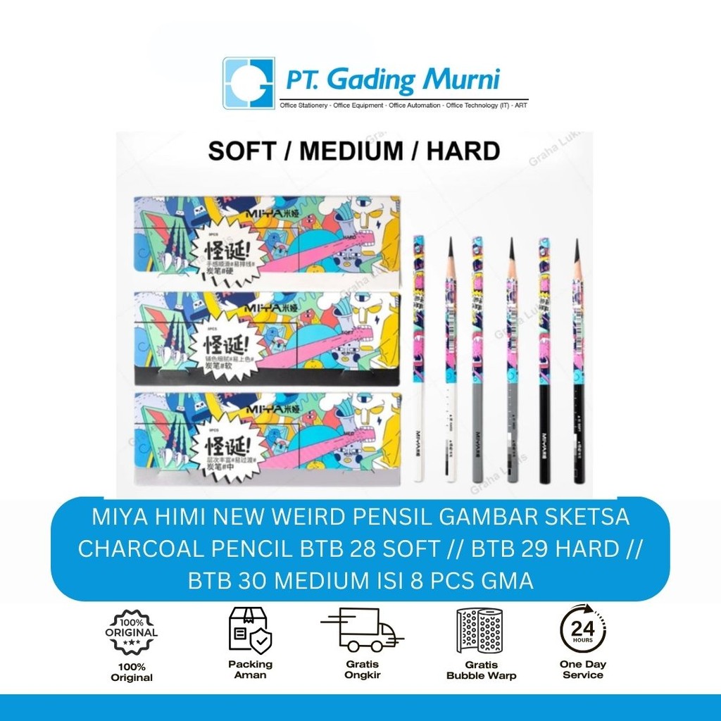 

MIYA HIMI NEW WEIRD PENSIL GAMBAR SKETSA CHARCOAL PENCIL BTB 28 SOFT // BTB 29 HARD // BTB 30 MEDIUM ISI 8 PCS GMA