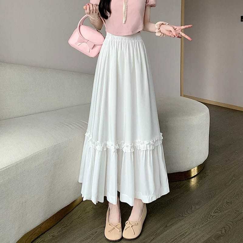 Rok Panjang Putih Wanita Korean Style Bahan Polo Linen Lembut