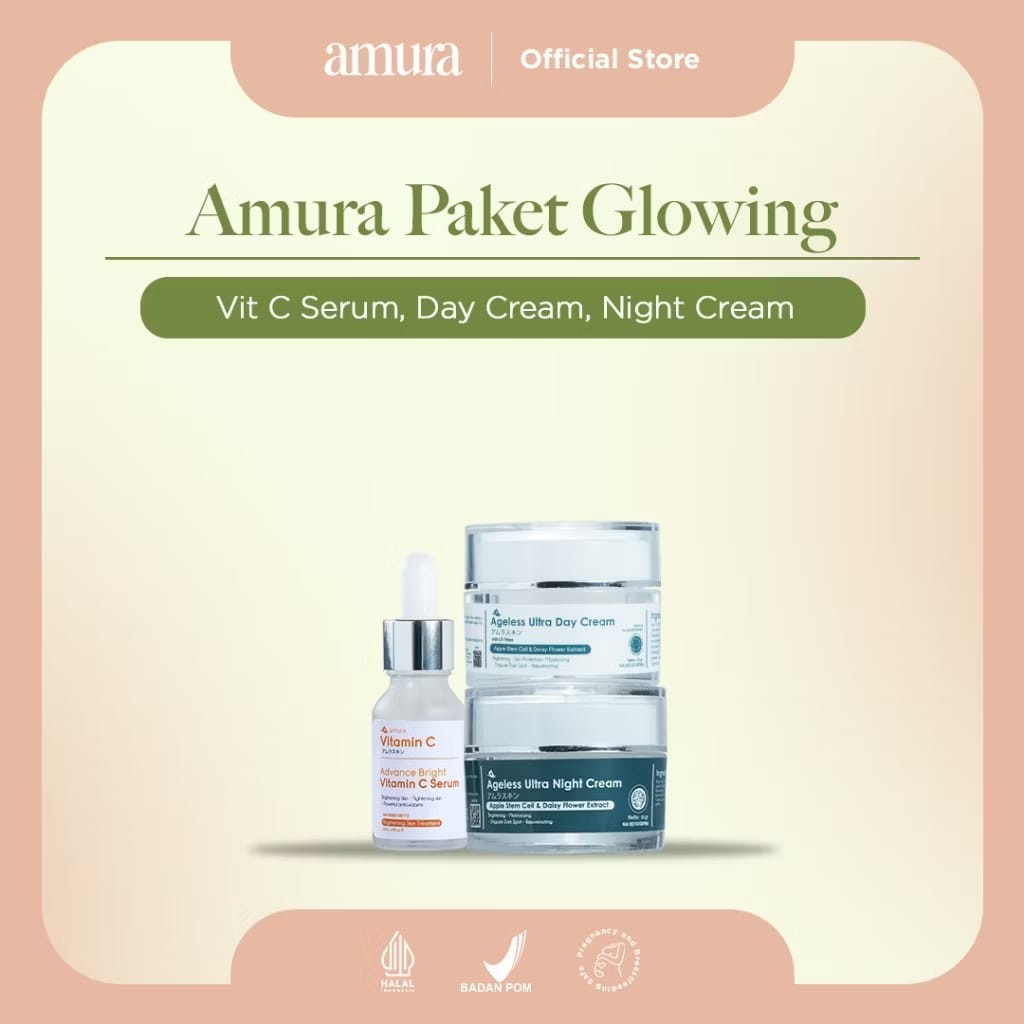 PROMO Amura Paket Glowing - Spesialis Perawatan Kusam dan Cerahkan Wajah (Vit C, Night Cream, Day Cr