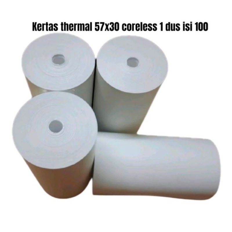 

kertas thermal 57x30 58x30 coreless 1 dus isi 100 57x30 m