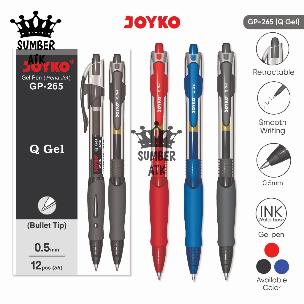 

TERLARIS Gel Pen Joyko GP-265 Black / Blue / Red Q 1 Lusin / 1 Box / 12 PCS Gel 0.5 mm Pulpen Pena Mirip K-1