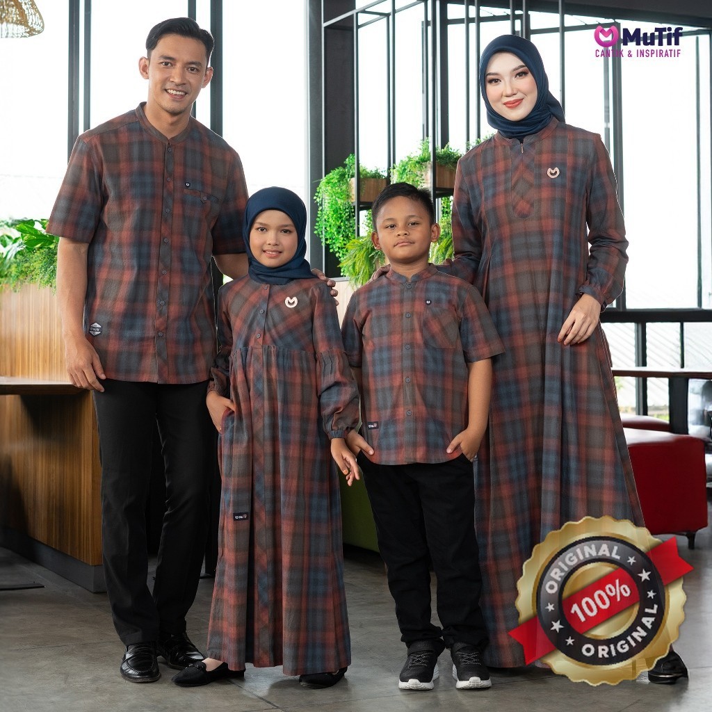 MUTIF Sarimbit Ashana Annafi Blues Red Baju Couple Keluarga Muslim Family Set Katun Motif Kotak Casu