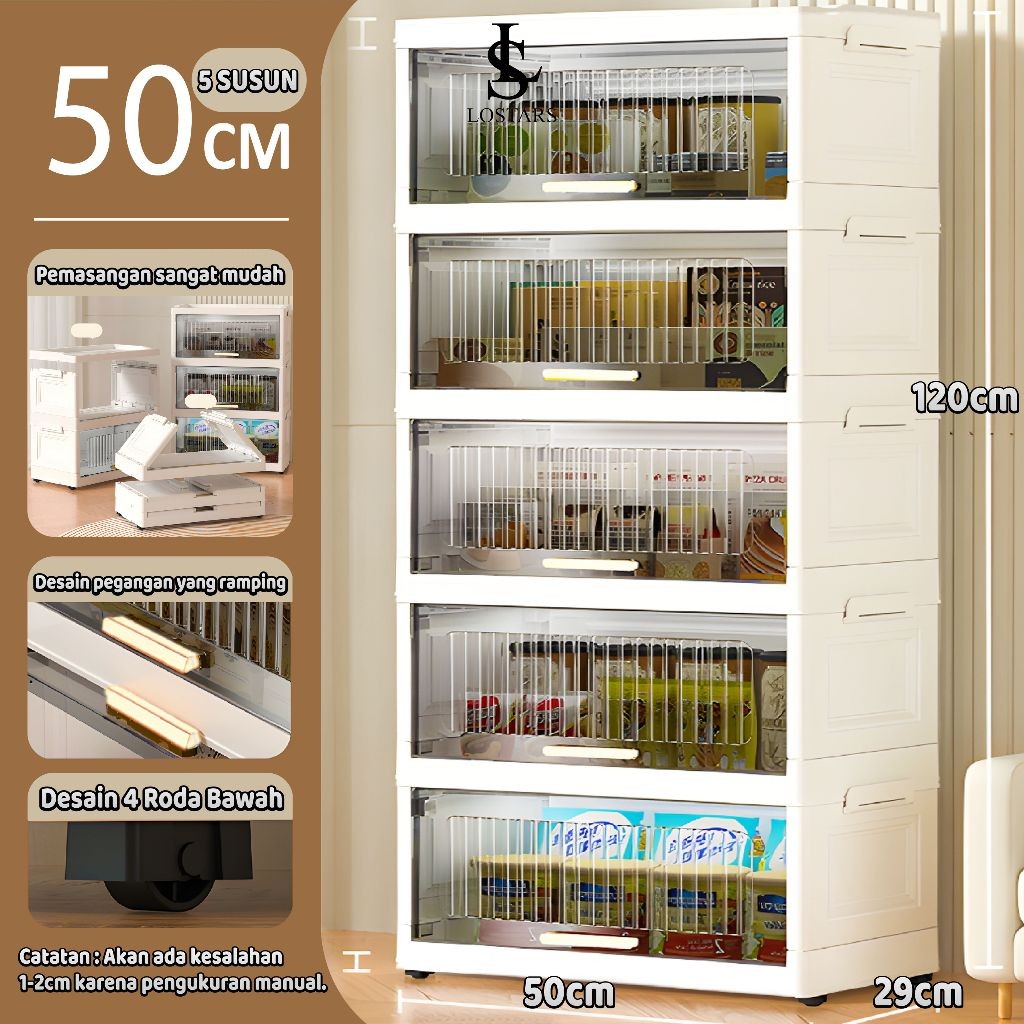 Lostars T3 (Tidak Perlu Instalasi) Rak Kabinet Susun Lipat/Rak Buku Serbaguna ada Roda/Lemari Plasti