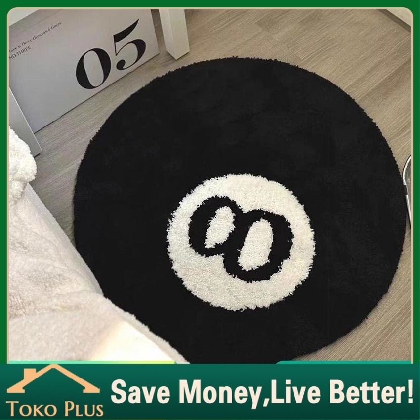 Karpet Bulu Lembut Bulat Kamar Tidur Motif 8 Ball Billiard Anti-Slip Karpet Bulu Rasfur Karpet Motif