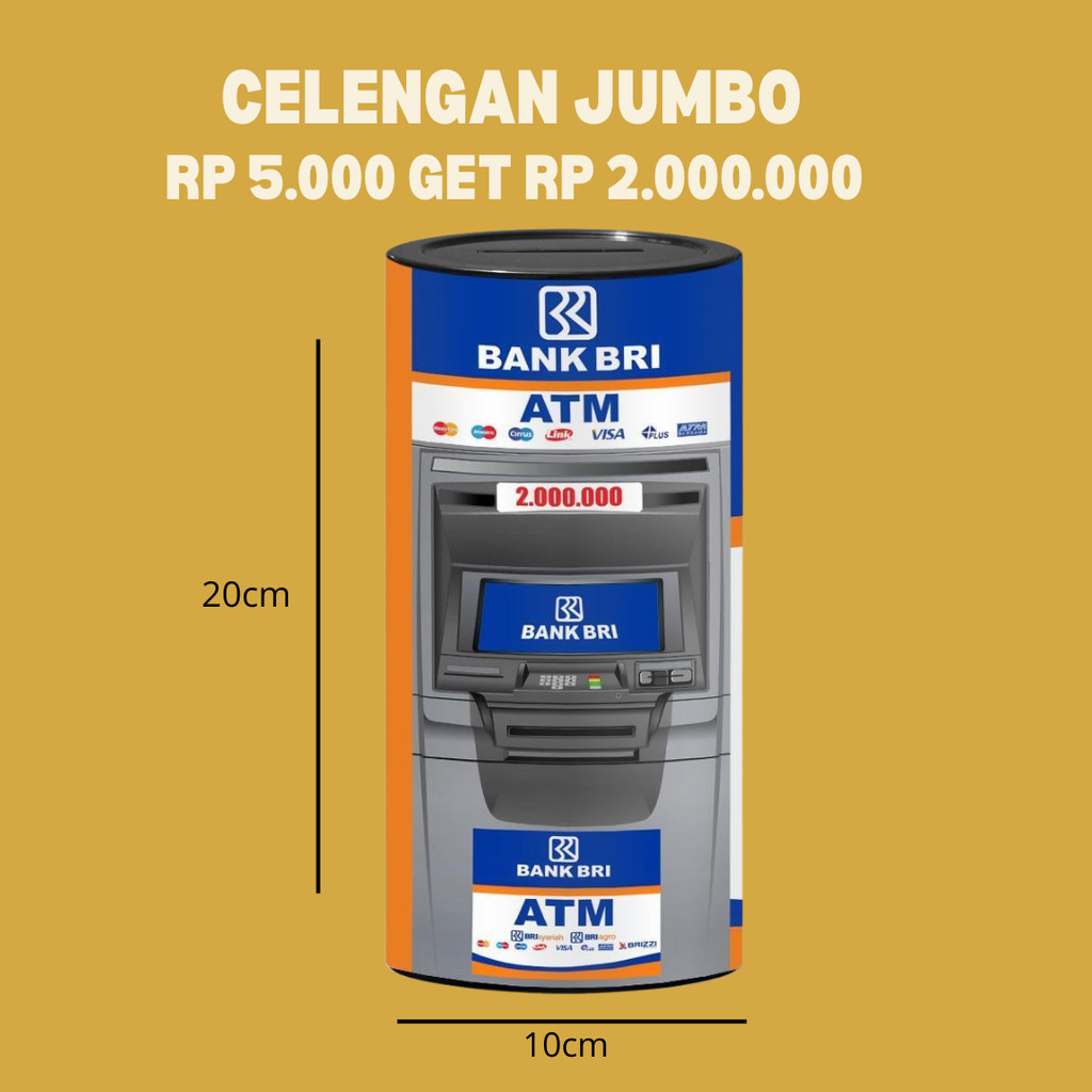 Celengan Target Motif Atm BRI Jumbo 20 cm Target 2 Juta 5 K Full Plastik Buka Tutup Permanen Murah