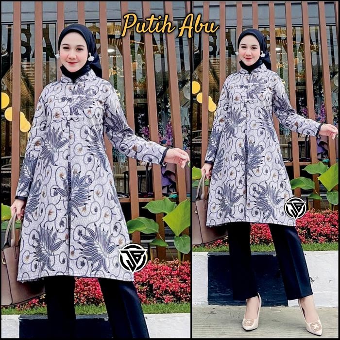 Baju Batik Wanita (Ada 120) Tunik Batik Wanita - Putih Abu, M