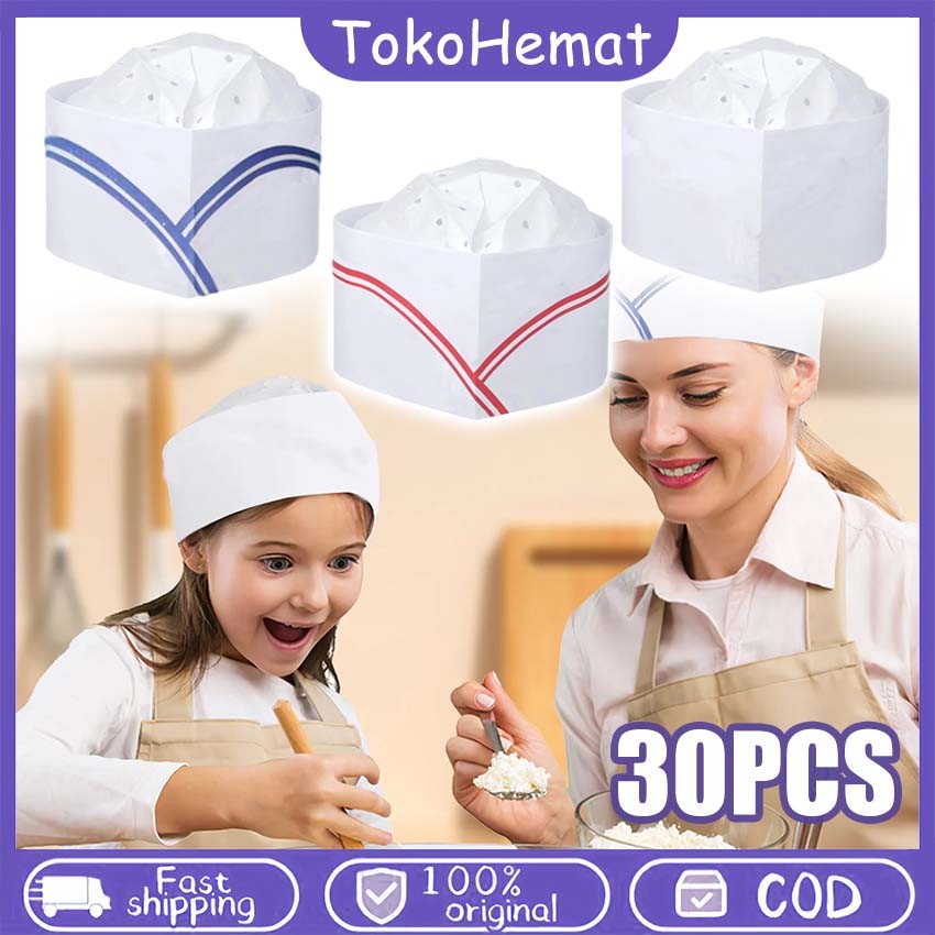 30PCS Topi Chef Kertas Topi Koki Wanita Pria Unisex Topi Kitchen Topi Masak