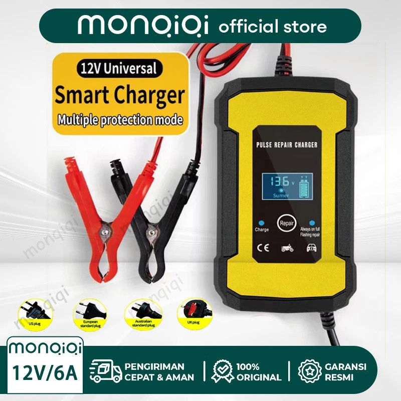 Monqiqi Charger Aki Motor Charger Aki Mobil Intelligent Battery Charger Aki Mobil 12V 6A  Charger Ak