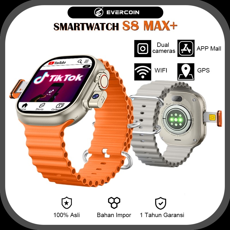 EVERCOIN S8 MAX+ Smartwatch SIM Card 5G Dengan Wi-Fi Panggilan Video Kamera Ganda, Pemosisian GPS