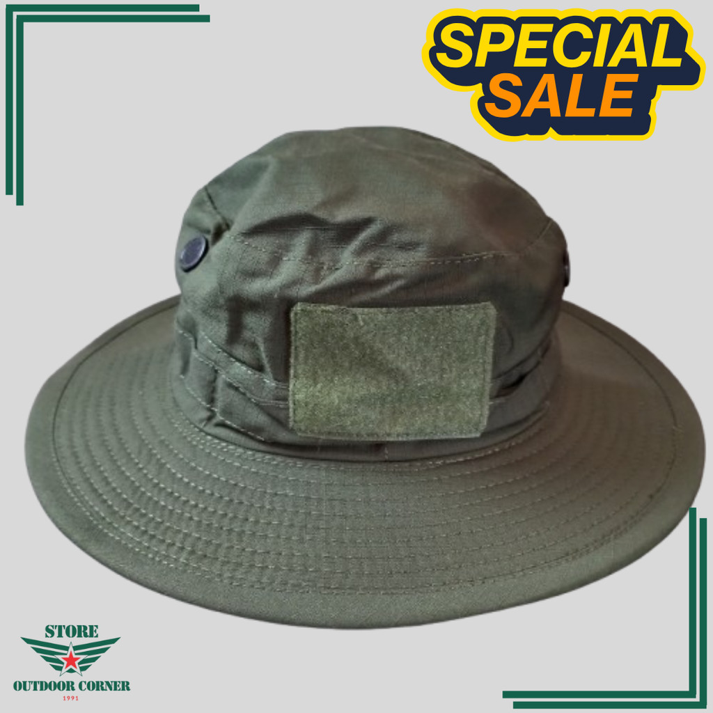 TOPI RIMBA TACTICAL LAPANGAN HIJAU ARMY FULL RIPSTOP COTTON CAPS VELCRO KAWAT OUTDOOR