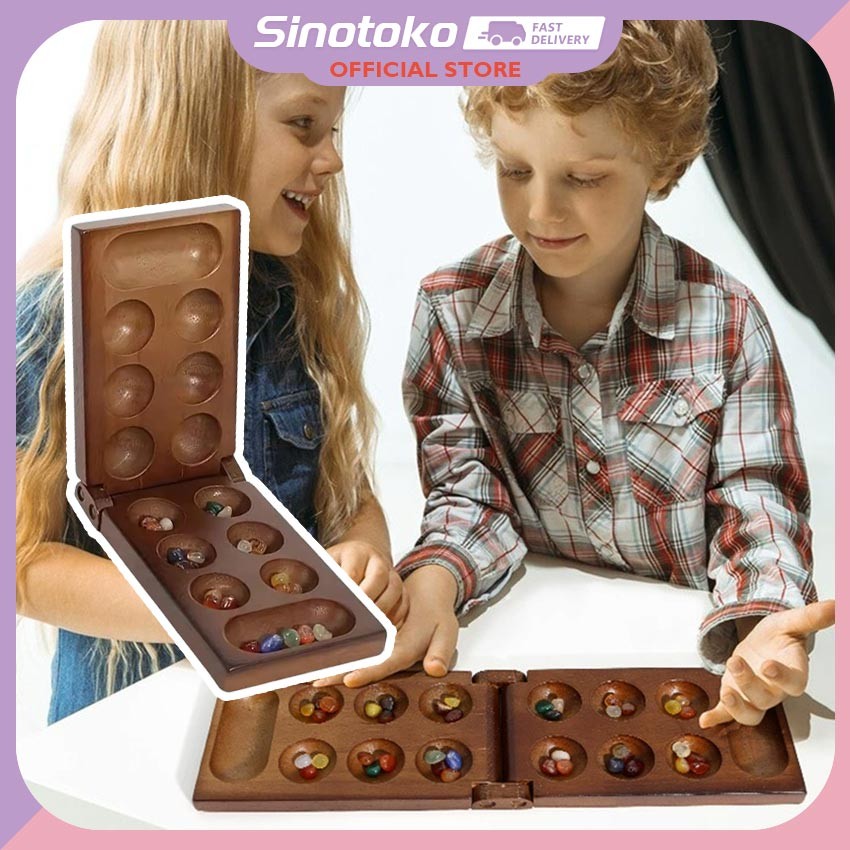 Permainan Congklak Kayu Mancala Lipat 12 Lubang – Mainan kayu paduk untuk anak & dewasa, bonus biji 