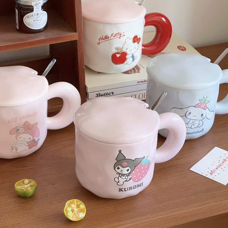 Gelas Mug Keramik Pegangan Tebal Sanrio 400ml dengan Tutup & Sendok | Cangkir Keramik Melody kuromi 