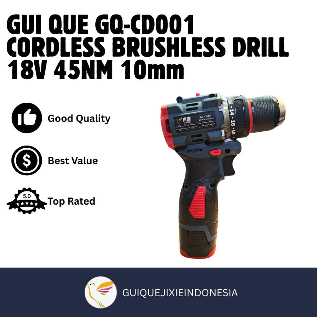 GUI QUE GQ-CD001 Cordless Brushless Drill / Bor Baterai Bor Brushless Bor Cordless 18V 45NM 10mm