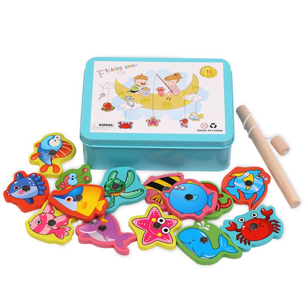 Multicolor Montessori Fishing Game Cartoon Fish Wood Magnetic Fishing Toy Magnetic Design Interactive Toy Educational Toy