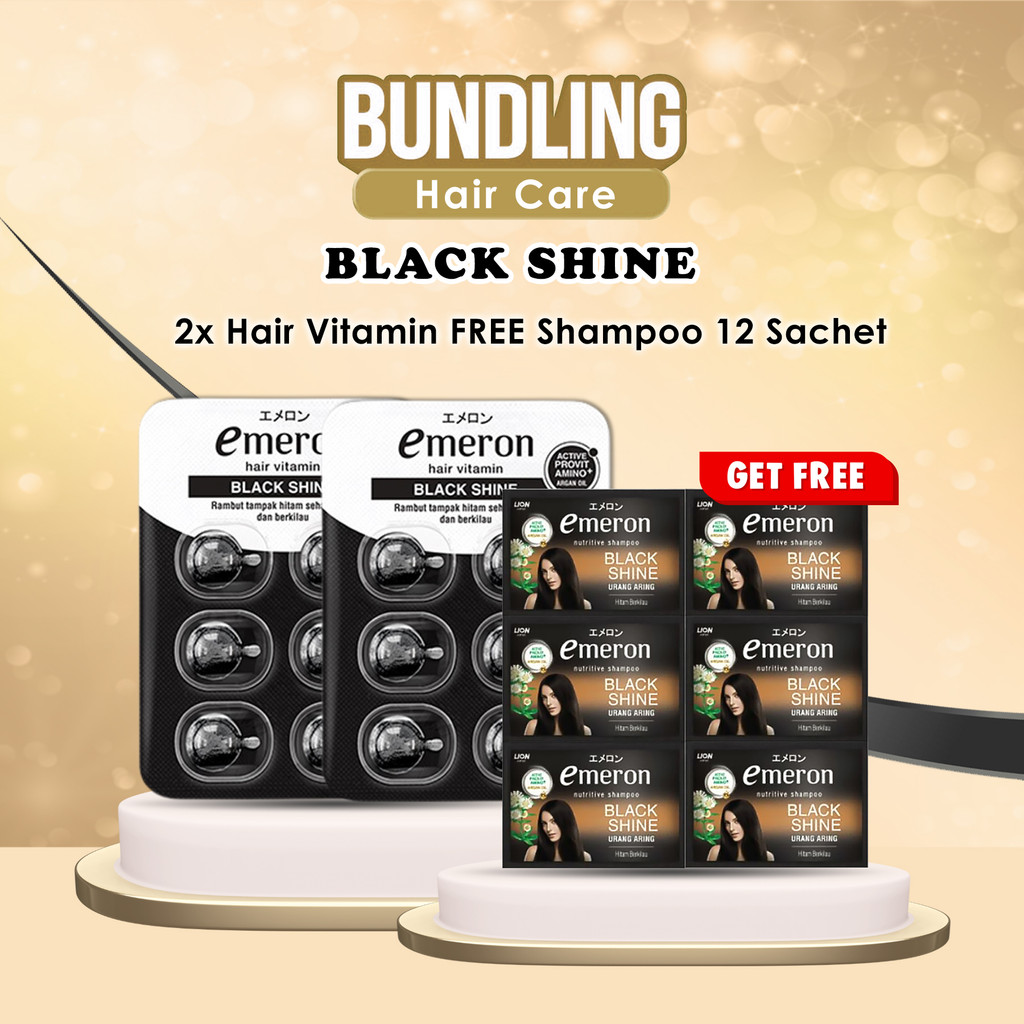 Emeron Vitamin Rambut Black Shine (Isi 12 Kapsul) BUNDLING Shampoo Black Shine Sachet 1 Renteng (12 