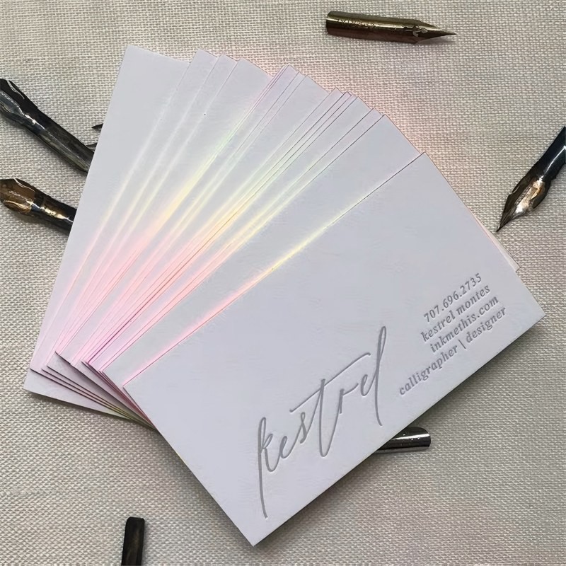 Gold-edged pink cotton paper business cards, thank you cards, special paper cards with gold hot stam