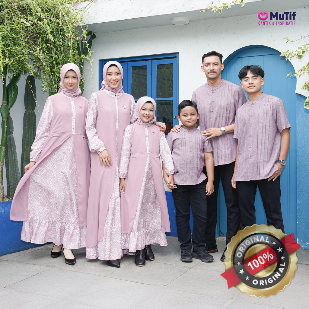 MUTIF Fayda Hamza Violet Ice Sarimbit Koko Tangan Pendek dan Gamis Outer Panjang Sifon Baju Couple K