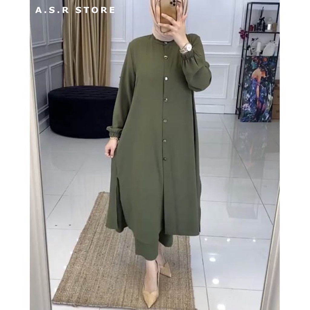BRIGIXSHOP ONE SET GOLDISH DAILY BUSUI LONG TUNIK MUSLIM SUDAH TERMASUK CELANA SIZE KUMPLIT S M L XL