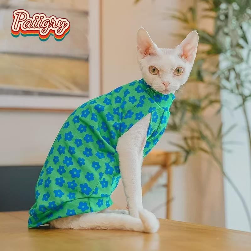 Pet clothes blue small flower print summer cat clothes cross cuff design is fashionable and beautifu