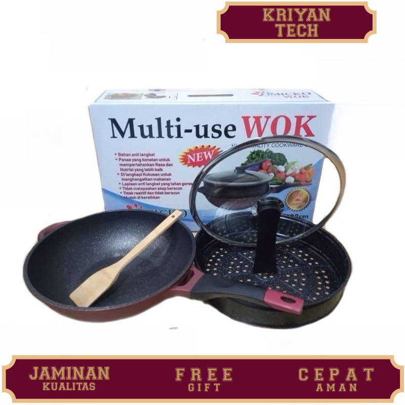 Panci Wok pan Omicko 32cm pan marble anti lengket + kukusan wajan sangat tebal wajan kukus omicko