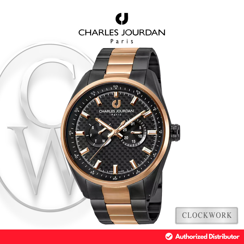 Jam Tangan Pria Charles Jourdan CJ1038-1032M Rantai Mewah Formal Kombinasi Hitam dan Rosegold