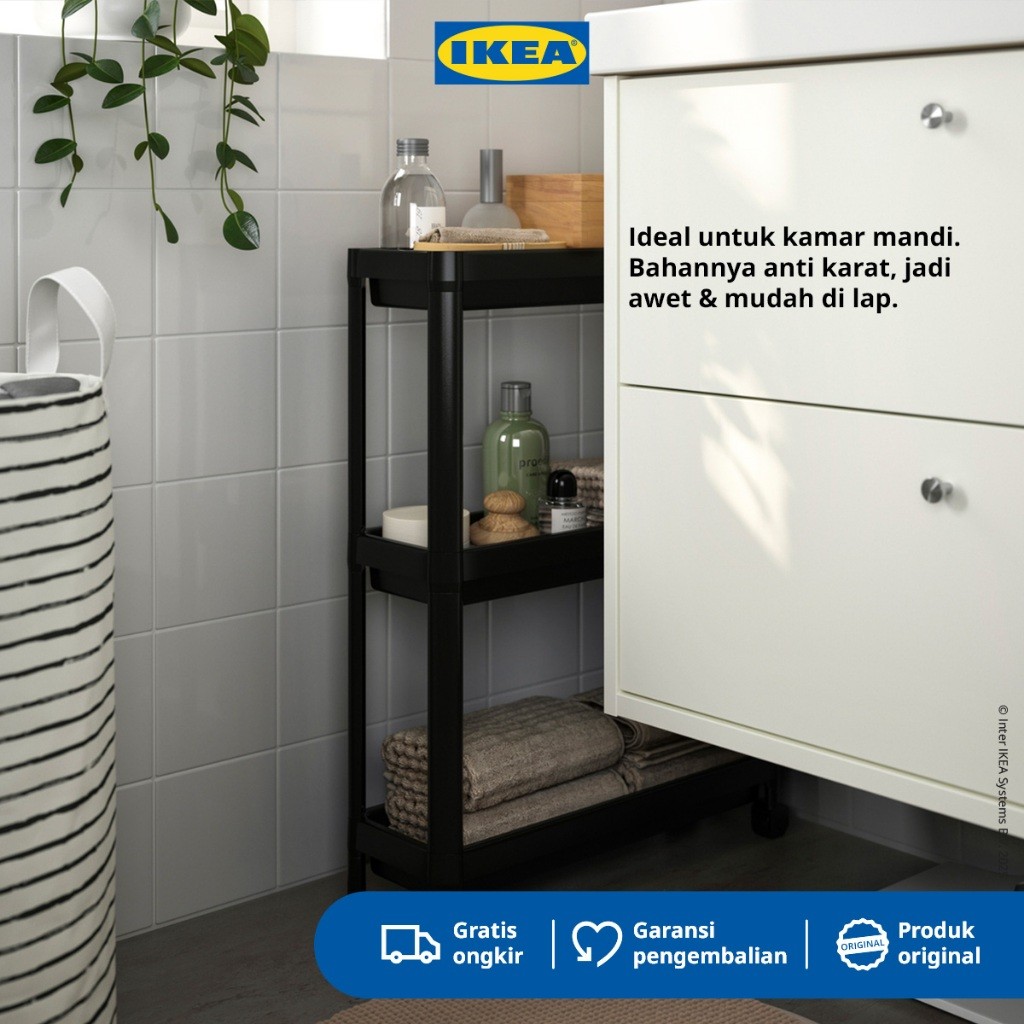 IKEA VESKEN Troli Kamar Mandi Hitam Serbaguna 54x18x71 cm