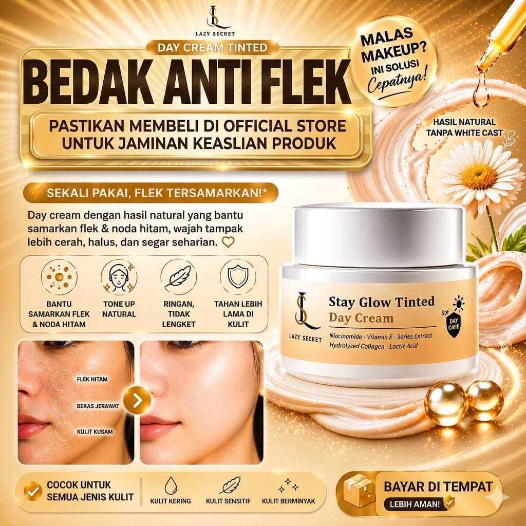 LAZY SECRET Bedak Anti Flek Krim Siang Stay Glow Bantu Samarkan Flek Cerahkan Wajah Kusam Kulit Cera