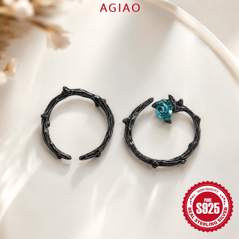 AGIAO Cincin Pasangan Duri Mawar Hitam Berlapis Elektro 925 Untuk Pria Dan Wanita