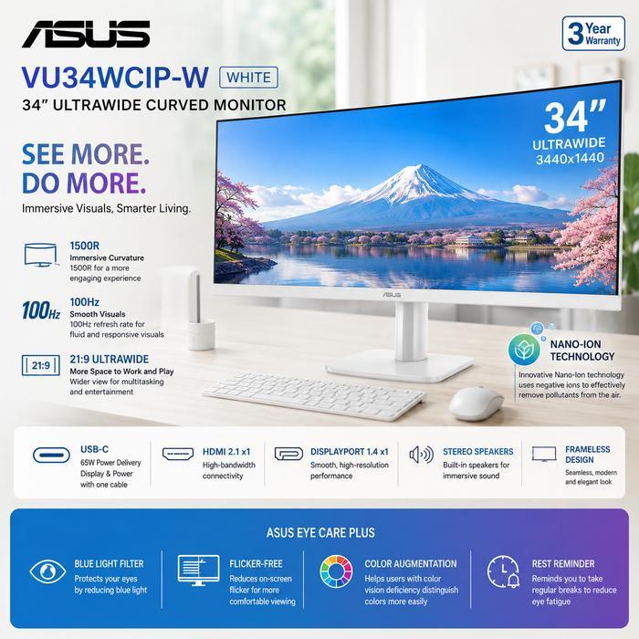 ASUS VU34WCIP-W White Monitor Ultrawide 34 Inch VA WQHD 3440x1440 Curved 1500R 100Hz USB-C 65W HDMI 